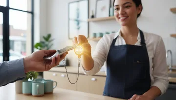 Hospitality worker presenting an NFC keychain tag to a guest for contactless tipping