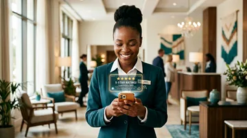 Hotel concierge receiving a 5-star digital rating on her smartphone in a luxury hotel lobby