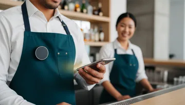 Bartender wearing an NFC tip badge accepting a cashless tip on a smartphone in a modern bar
