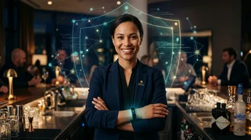 Bartender wearing an NFC tipping wristband stands with arms crossed behind a bar, framed by a glowing digital security shield