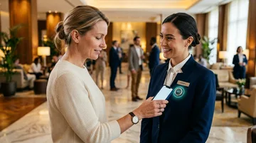 Hotel guest holding her phone to a uniformed employee's glowing NFC name badge to leave a tip in a hotel lobby