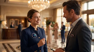 Hotel concierge with a TIPMO NFC badge on her lapel receiving a cashless tip from a guest in a luxury hotel lobby