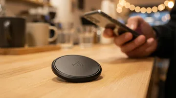Round black NFC tipping puck on a wooden café counter, with a customer holding a phone in the background